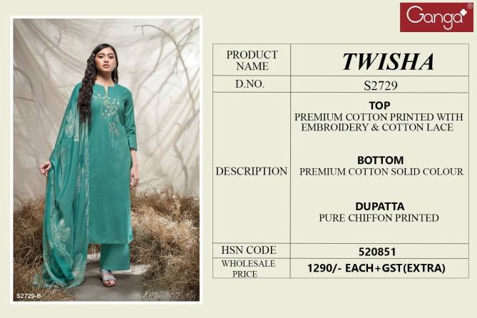 Twisha 2729 By Ganga Printed Embroidery Premium Cotton Dress Material Wholesale Price In Surat